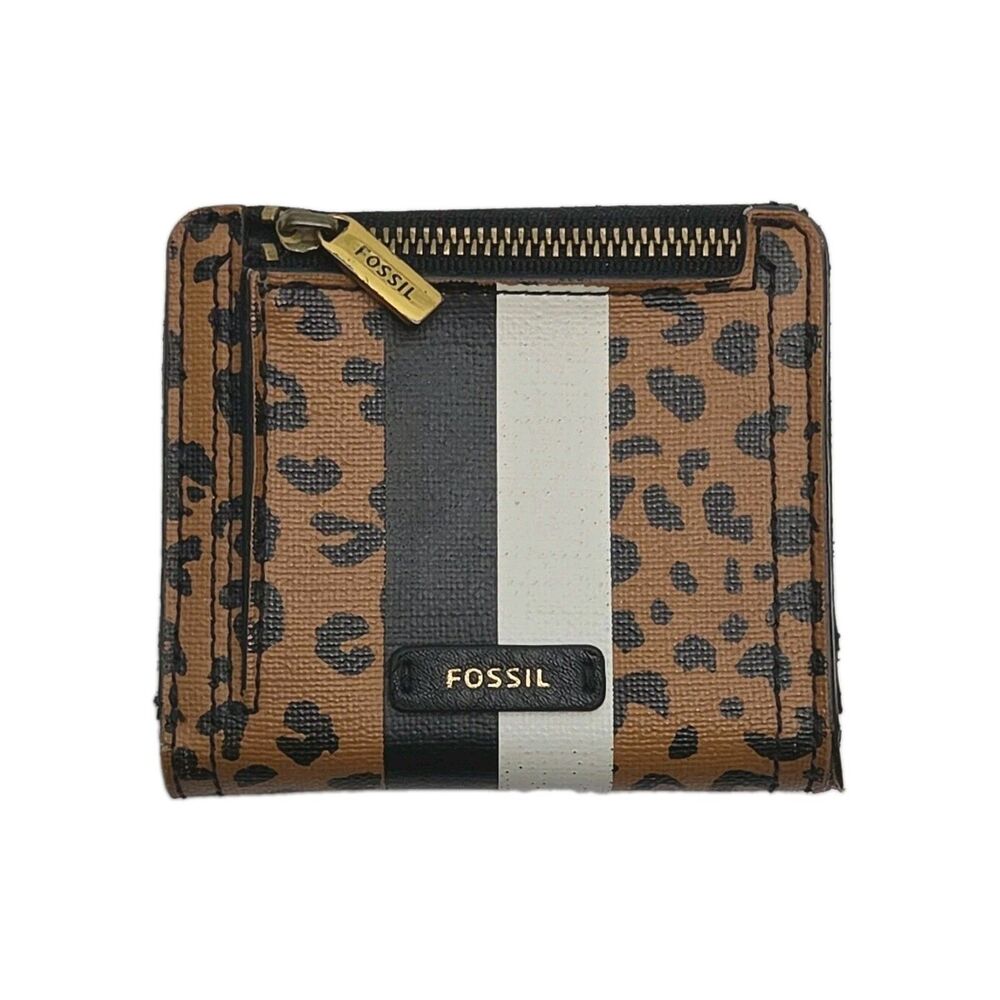 Fossil Wallet Card Holder Coin Zip Bifold Snap 4" Small Brown Black Leopard PVC